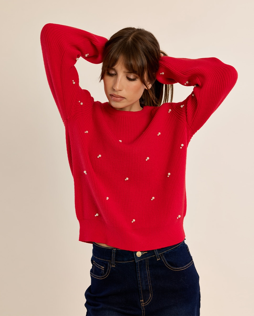 Jersey de mujer de manga larga con abalorios - Molly Bracken - Rojo Rojo-3