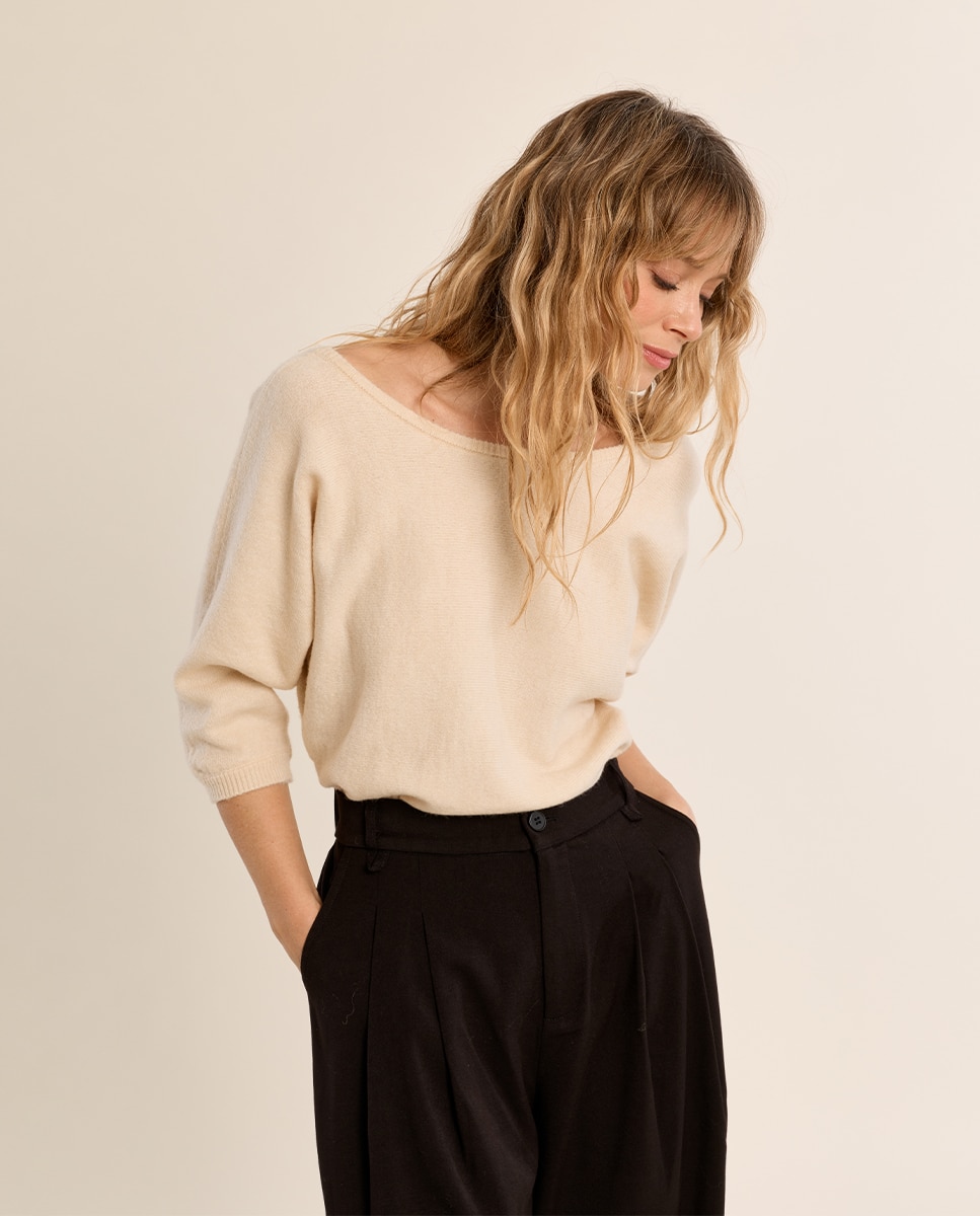 Jersey de mujer de manga 3/4 cuello barco - Molly Bracken - Crema Crema-3