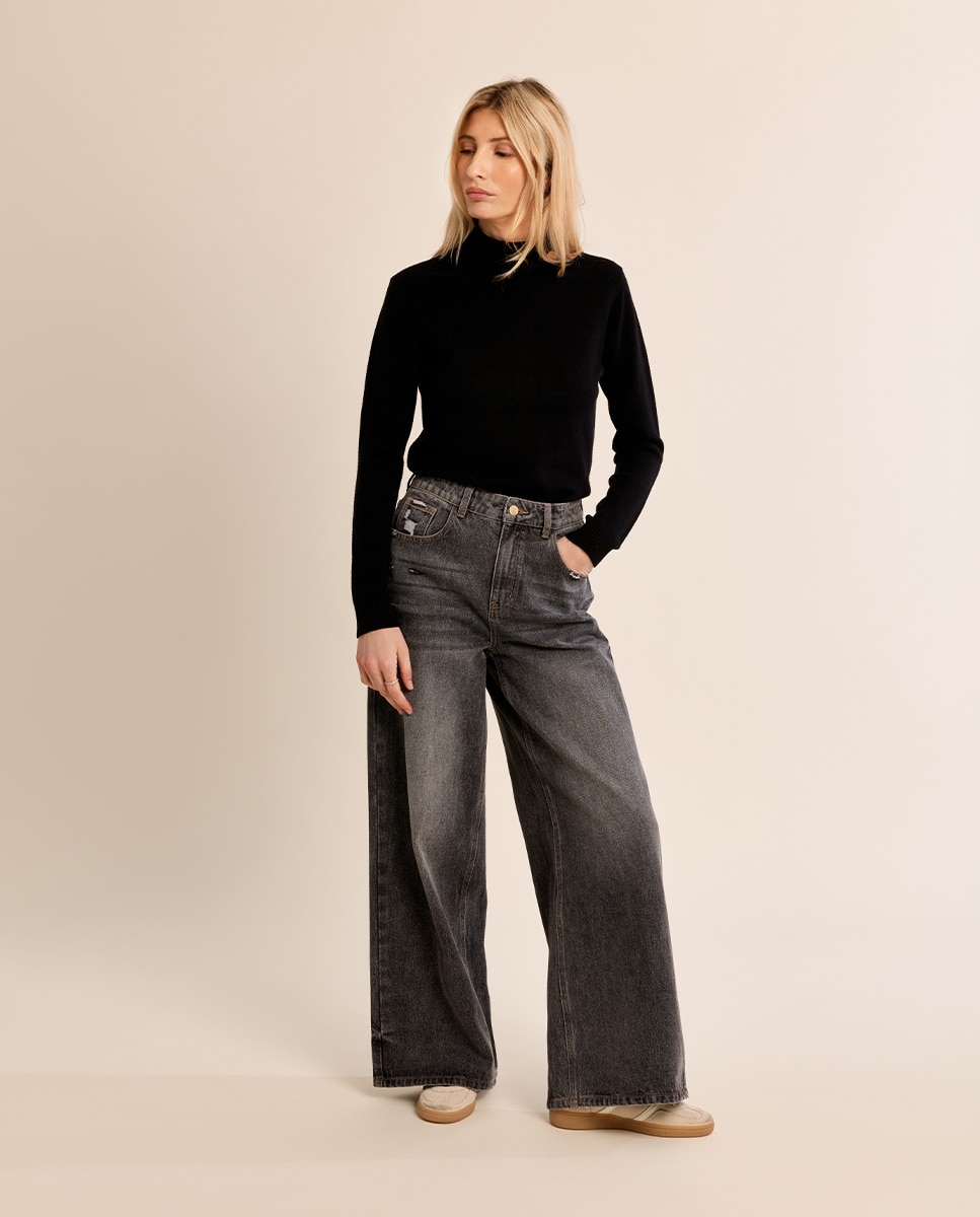 Jersey de mujer de manga larga con cuello alto - Molly Bracken - Negro Negro-1