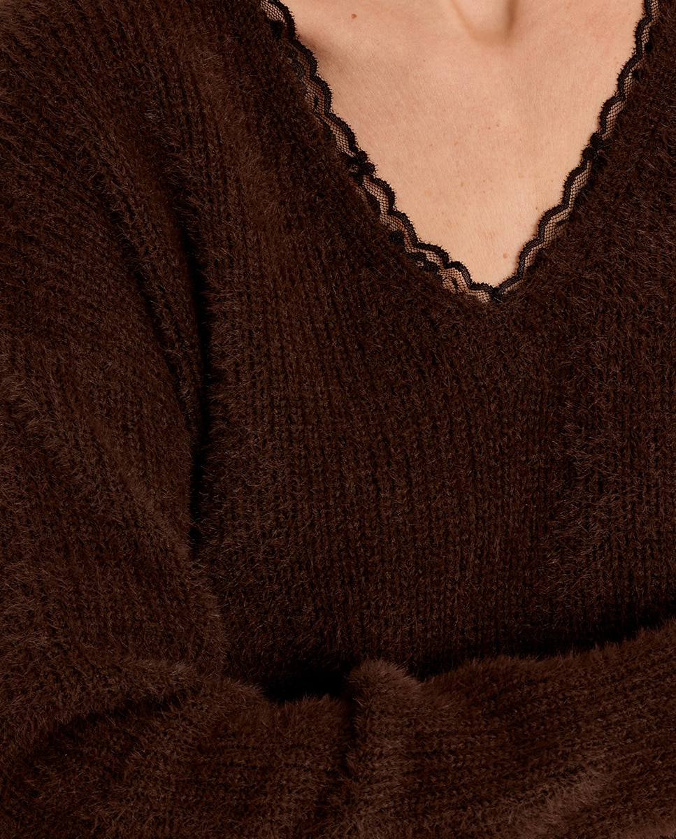 Jersey de mujer de manga larga detalle encaje - Molly Bracken - Marrón chocolate Marrón chocolate-5