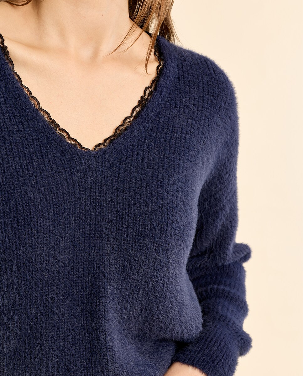 Jersey de mujer de manga larga detalle encaje - Molly Bracken - Azul marino Azul marino-5