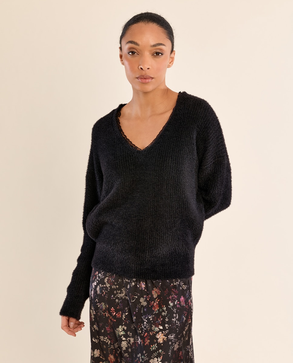 Jersey de mujer de manga larga detalle encaje - Molly Bracken - Negro Negro-3