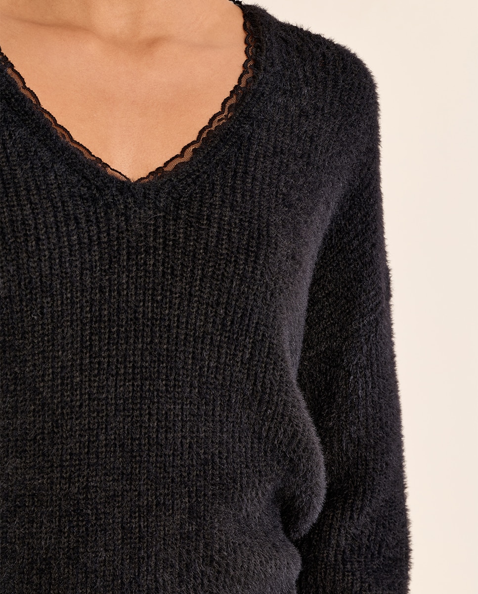 Jersey de mujer de manga larga detalle encaje - Molly Bracken - Negro Negro-5