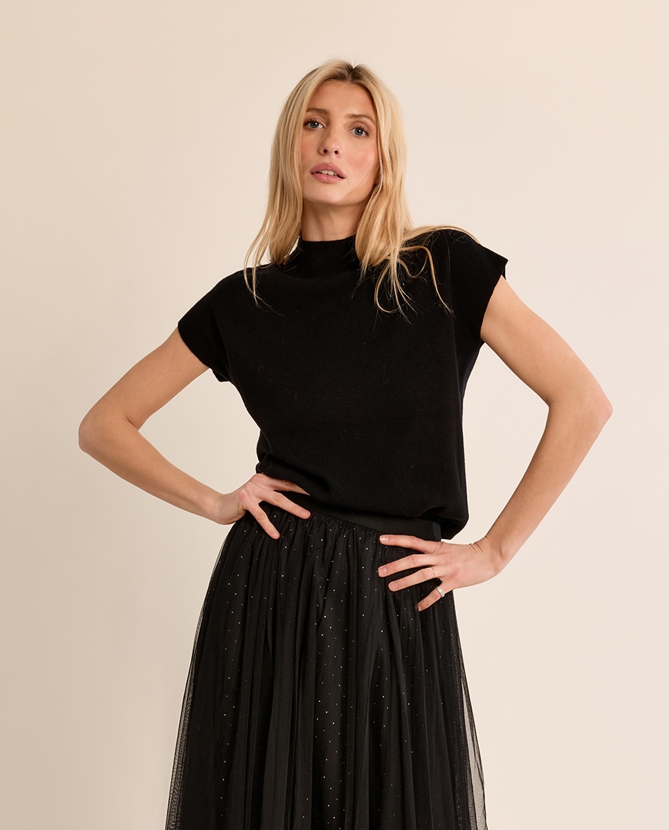 Jersey de mujer de manga corta cuello cerrado - Molly Bracken - Negro Negro-3