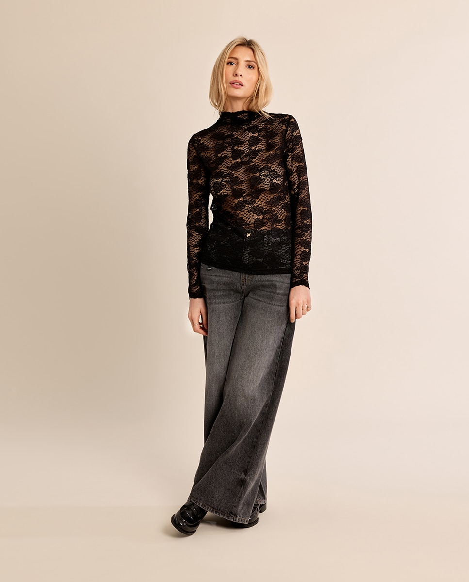 Jersey de mujer de manga larga de encaje - Molly Bracken - Negro Negro-1