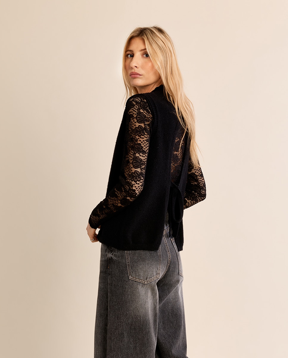 Jersey de mujer de manga larga de encaje - Molly Bracken - Negro Negro-3