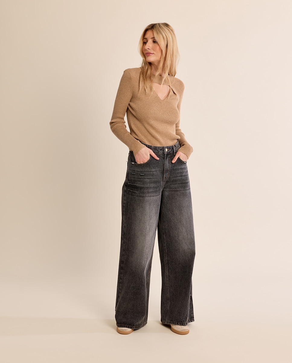 Jersey de mujer de manga larga abertura en el escote - Molly Bracken - Beige Beige-1
