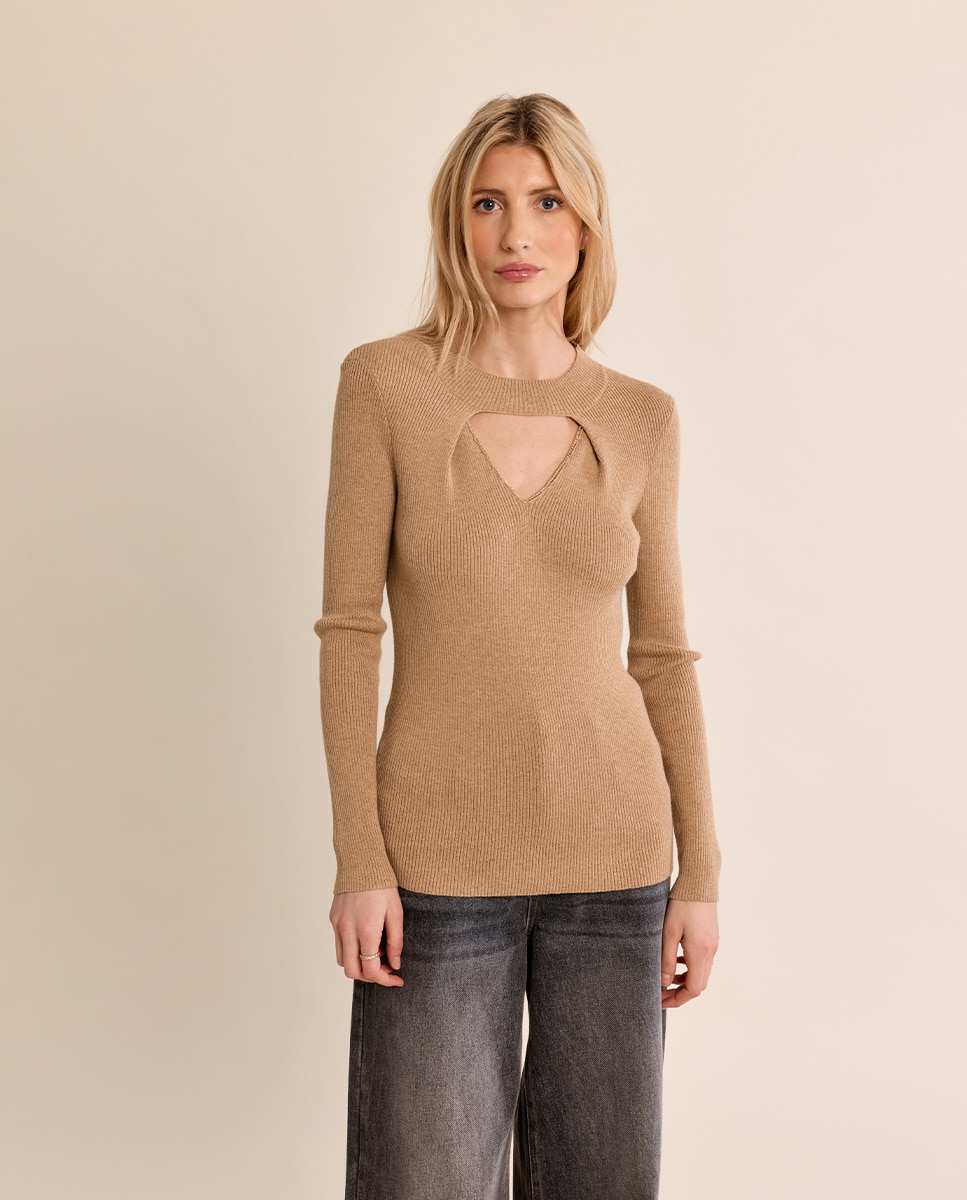 Jersey de mujer de manga larga abertura en el escote - Molly Bracken - Beige Beige-2