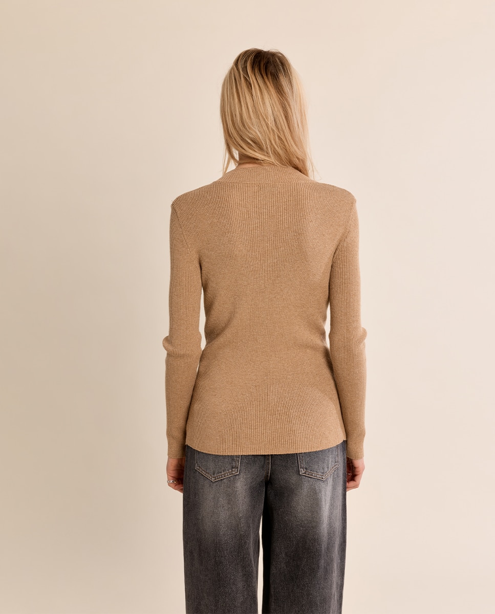 Jersey de mujer de manga larga abertura en el escote - Molly Bracken - Beige Beige-4