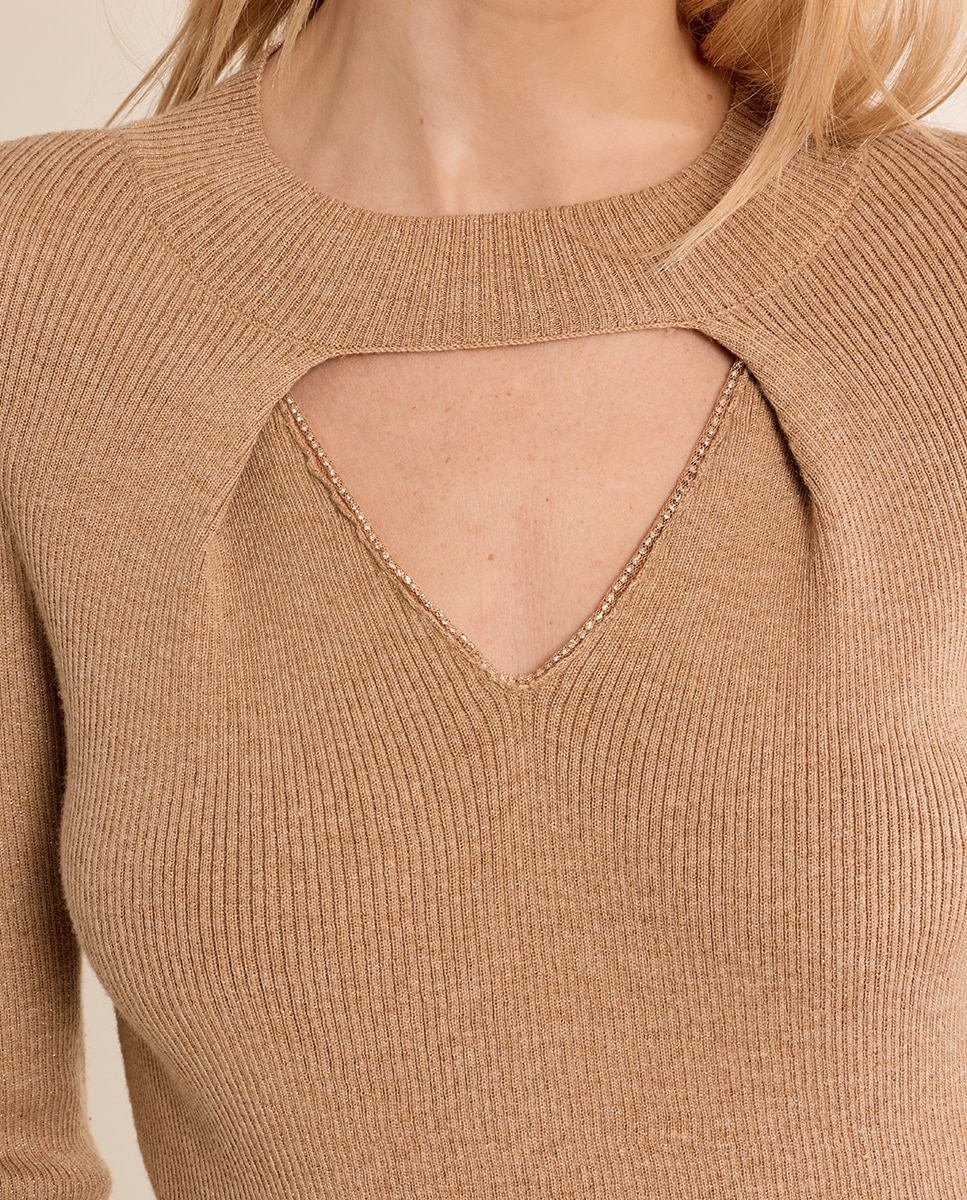 Jersey de mujer de manga larga abertura en el escote - Molly Bracken - Beige Beige-5