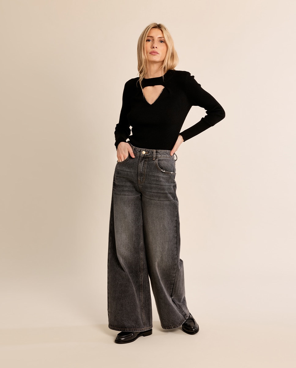 Jersey de mujer de manga larga abertura en el escote - Molly Bracken - Negro Negro-1