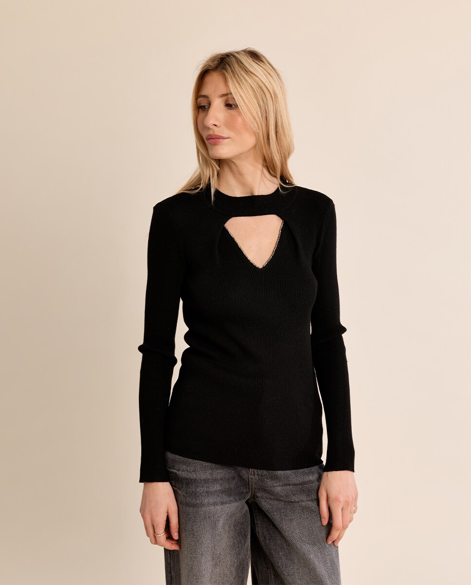 Jersey de mujer de manga larga abertura en el escote - Molly Bracken - Negro Negro-2