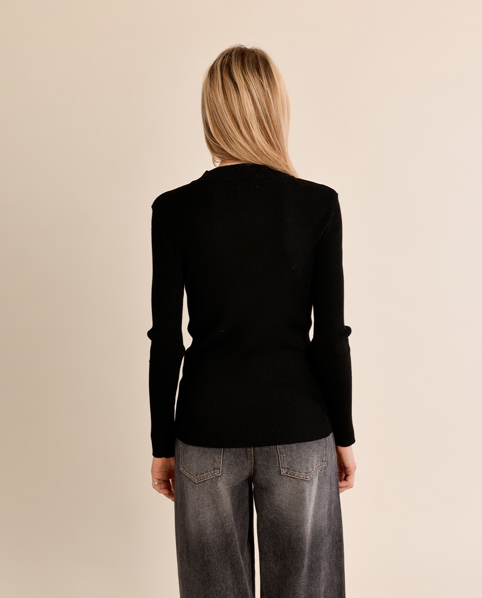 Jersey de mujer de manga larga abertura en el escote - Molly Bracken - Negro Negro-4
