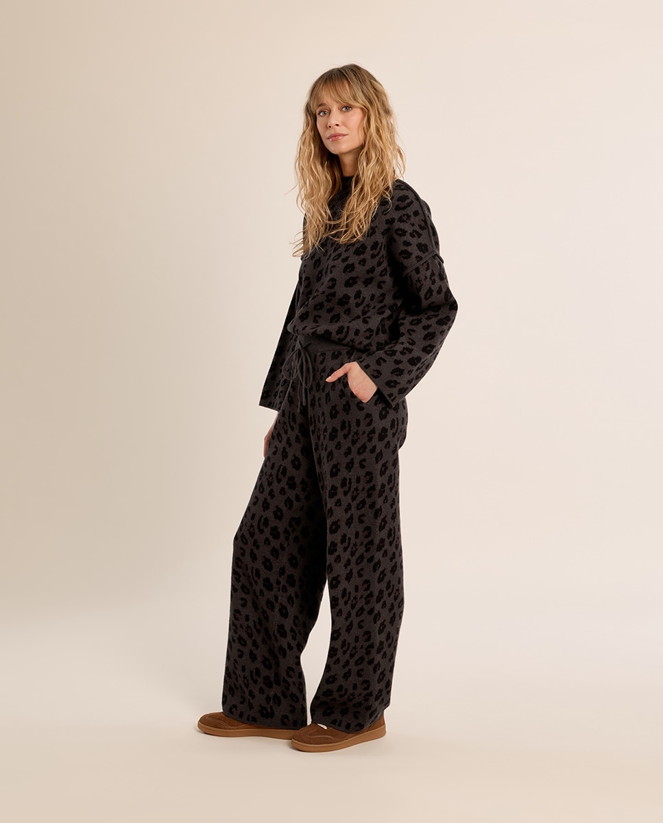 Pantalón de mujer largo con estampado y lazada - Molly Bracken - Gris Gris-3