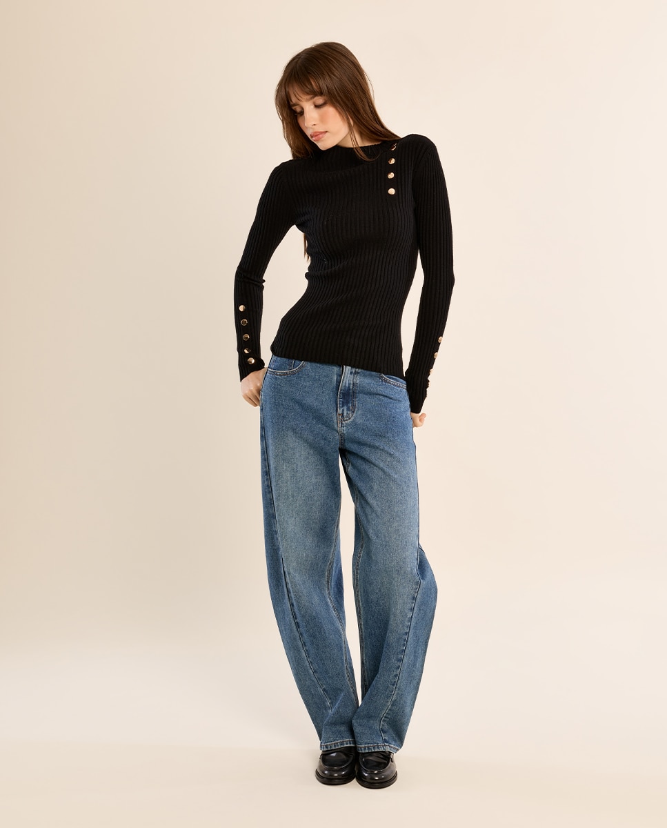 Jersey de mujer de manga larga detalle botones - Molly Bracken - Negro Negro-1