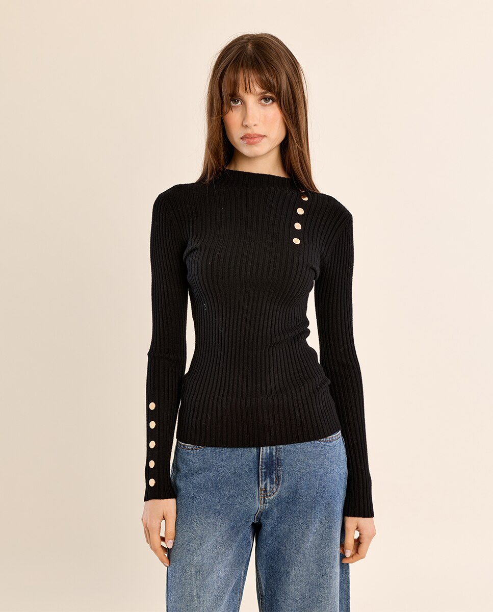 Jersey de mujer de manga larga detalle botones - Molly Bracken - Negro Negro-2