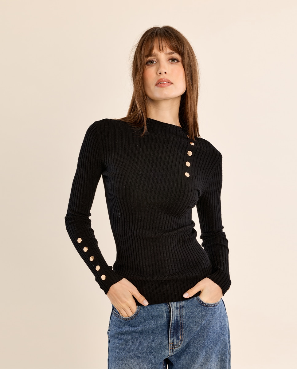 Jersey de mujer de manga larga detalle botones - Molly Bracken - Negro Negro-3