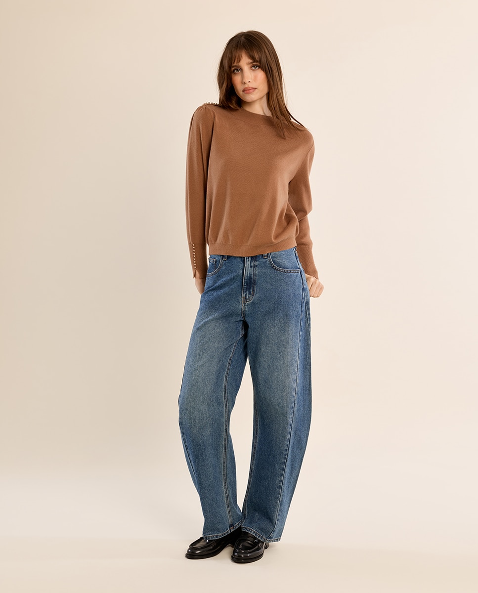Jersey de mujer de manga larga detalle abalorios - Molly Bracken - Camel Camel-1