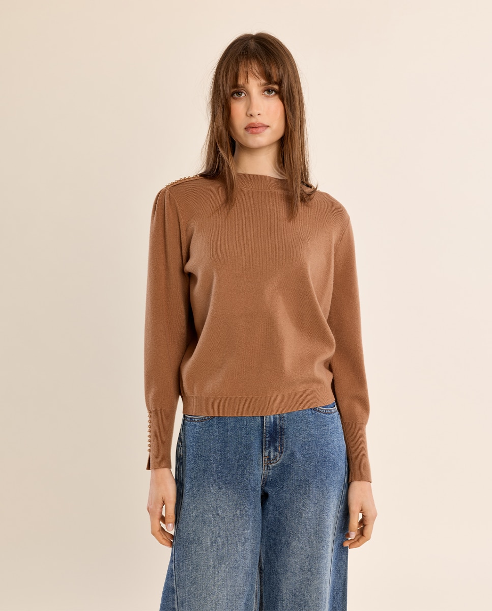 Jersey de mujer de manga larga detalle abalorios - Molly Bracken - Camel Camel-2