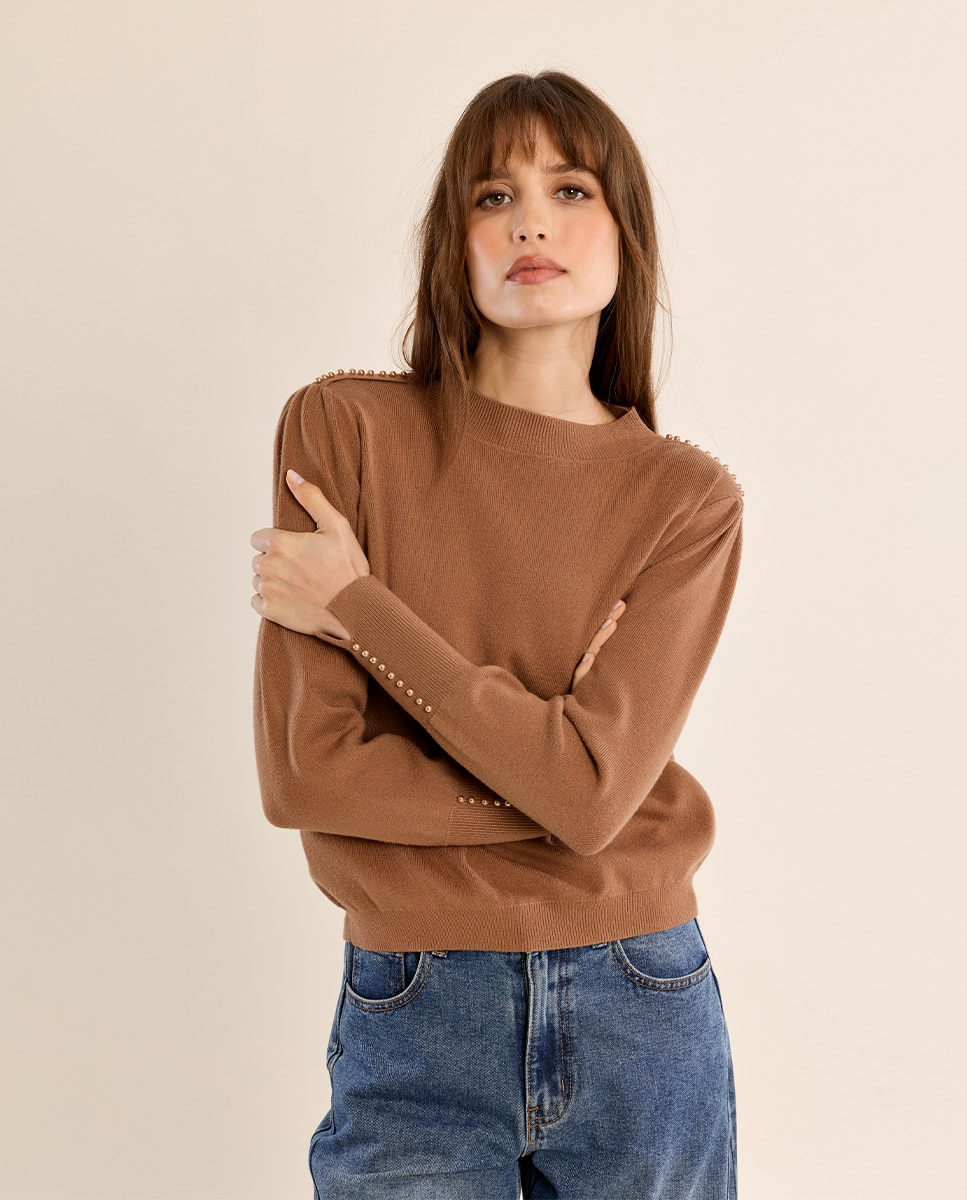 Jersey de mujer de manga larga detalle abalorios - Molly Bracken - Camel Camel-3