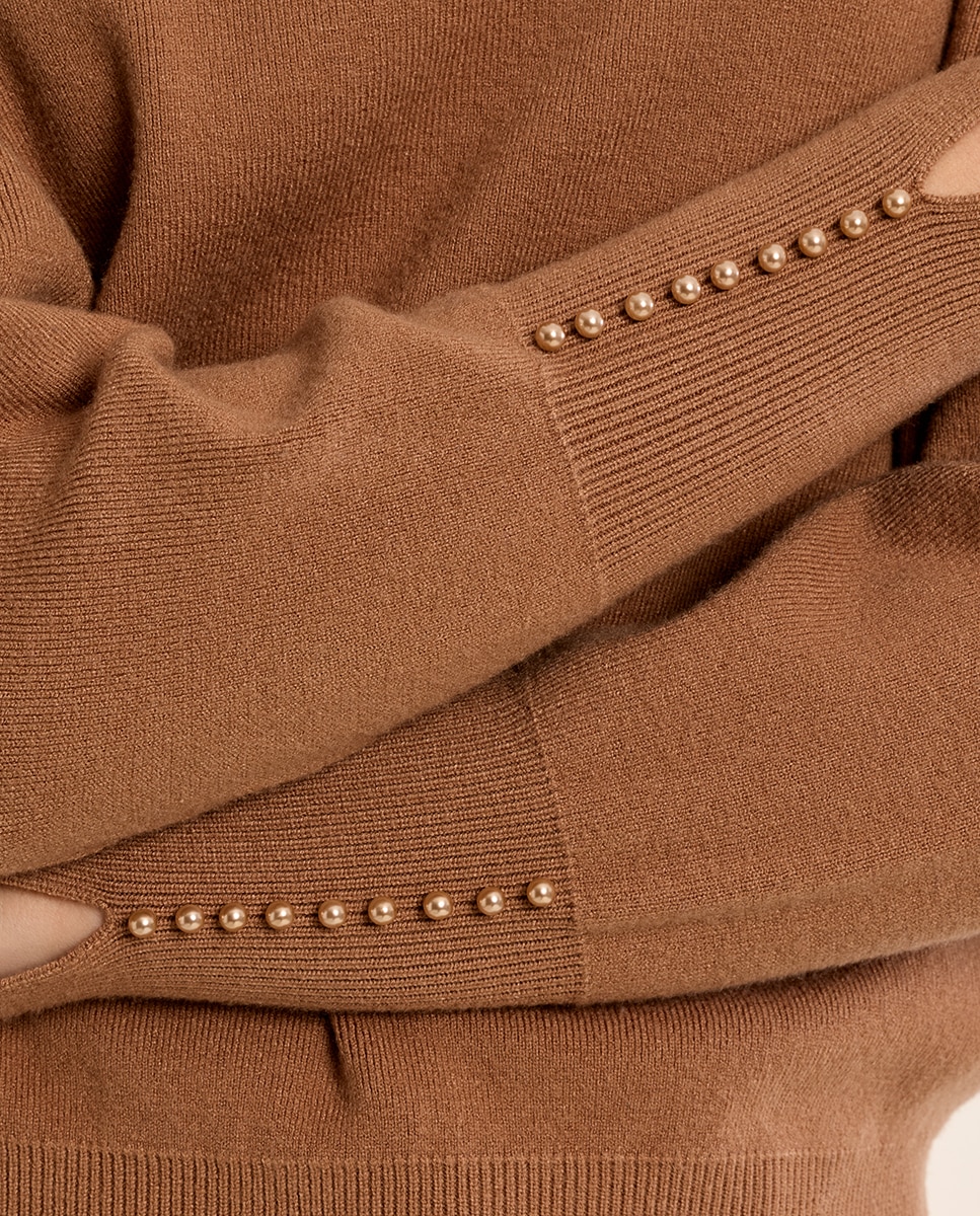 Jersey de mujer de manga larga detalle abalorios - Molly Bracken - Camel Camel-5