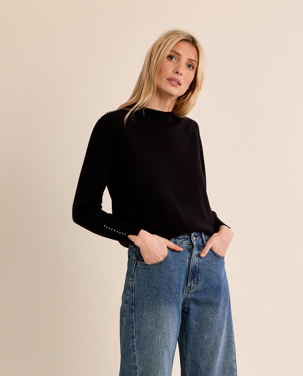 Jersey de mujer de manga larga detalle abalorios - Molly Bracken - Negro Negro-3