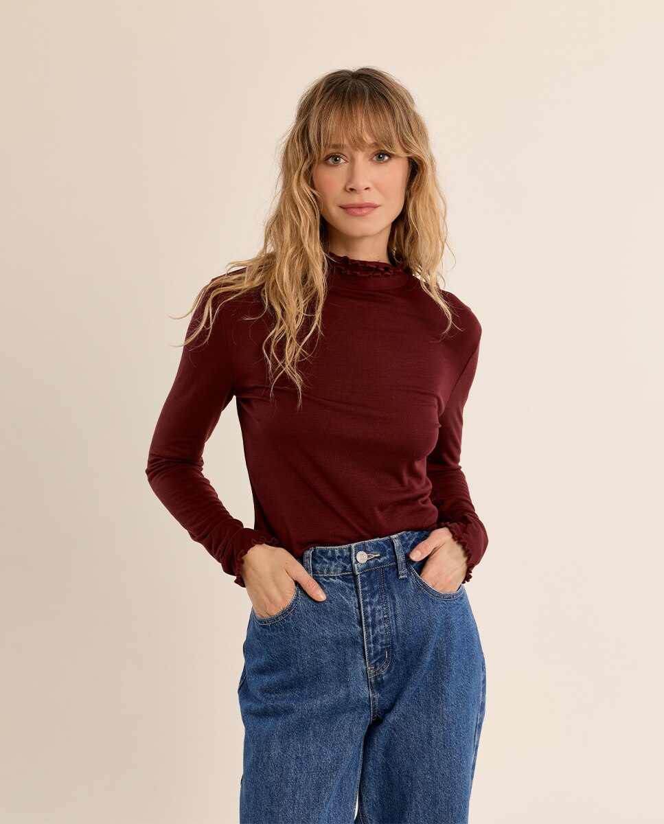 Jersey de mujer de manga larga cuello alto - Molly Bracken - Burdeos Burdeos-3