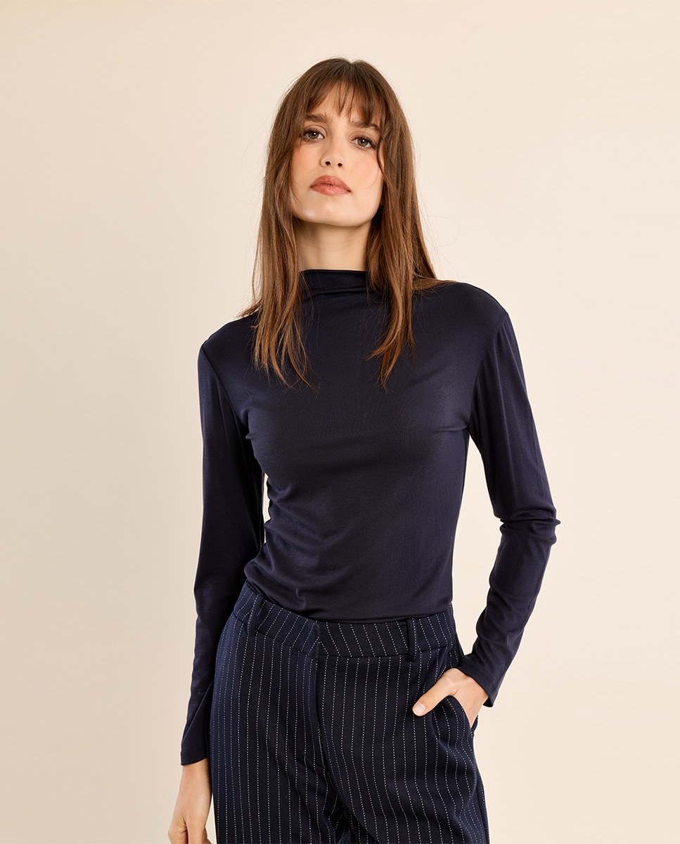 Jersey de mujer de manga larga cuello cerrado - Molly Bracken - Azul marino Azul marino-3