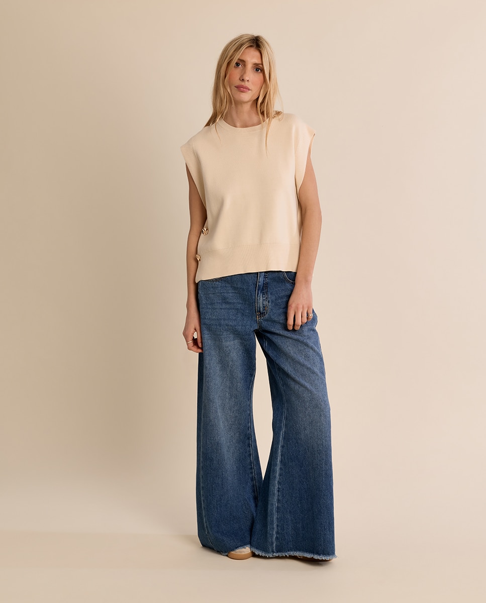 Jersey de mujer de manga sisa detalle botones - Molly Bracken - Beige Beige-1