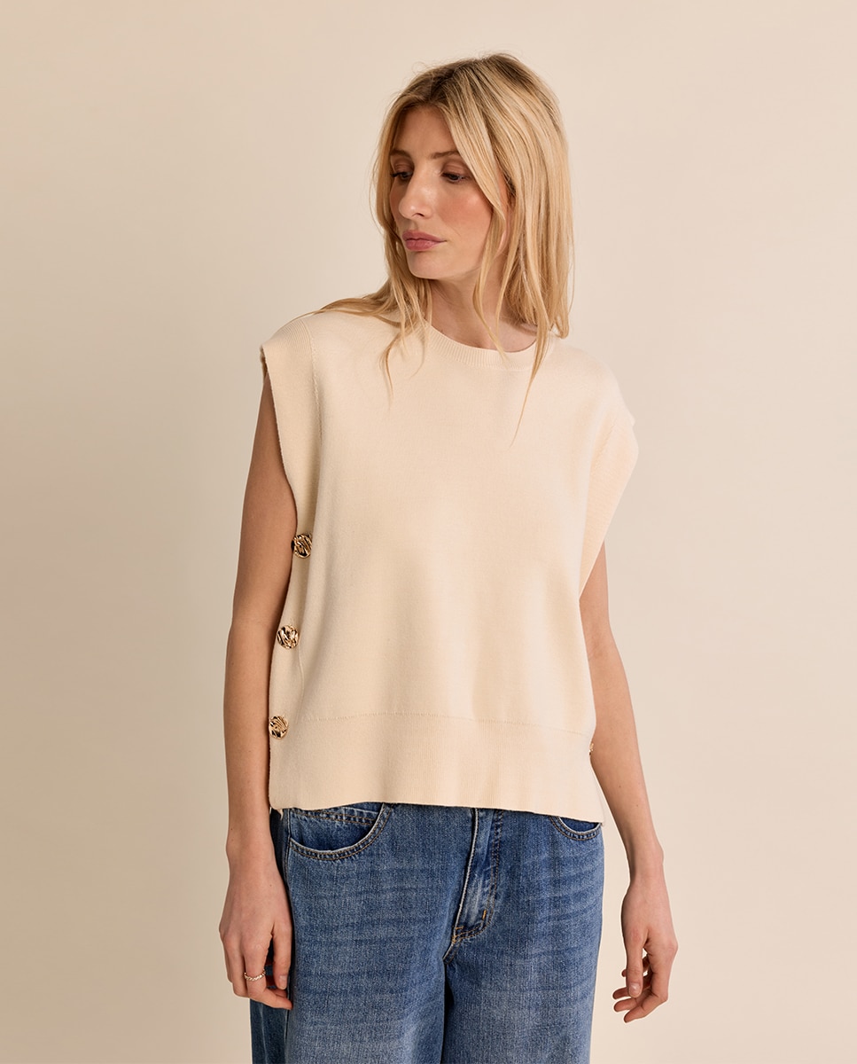 Jersey de mujer de manga sisa detalle botones - Molly Bracken - Beige Beige-3