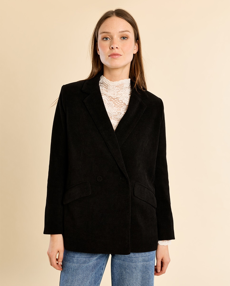 Blazer de mujer aterciopelado con cuello y solapa - Molly Bracken - Negro Negro-2