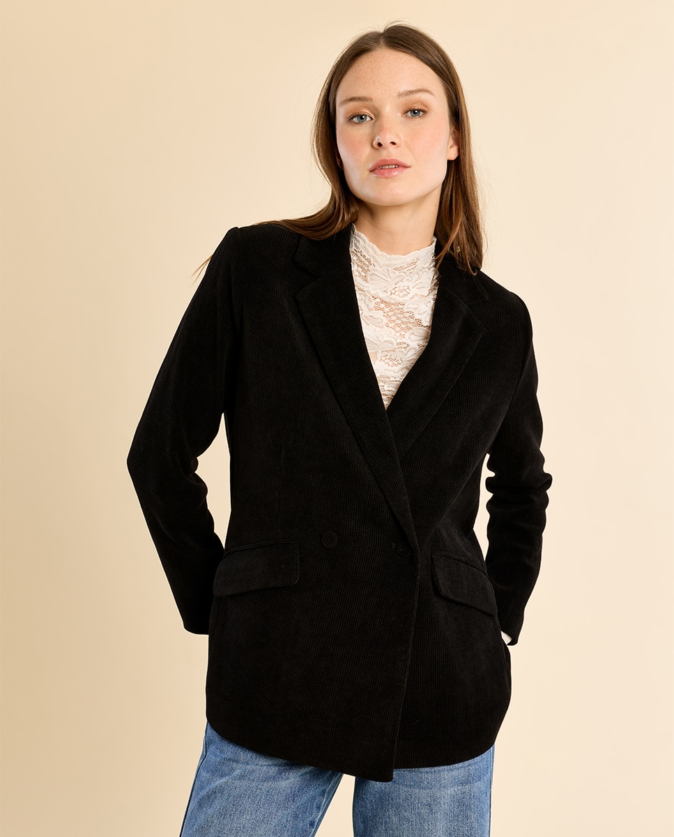 Blazer de mujer aterciopelado con cuello y solapa - Molly Bracken - Negro Negro-3