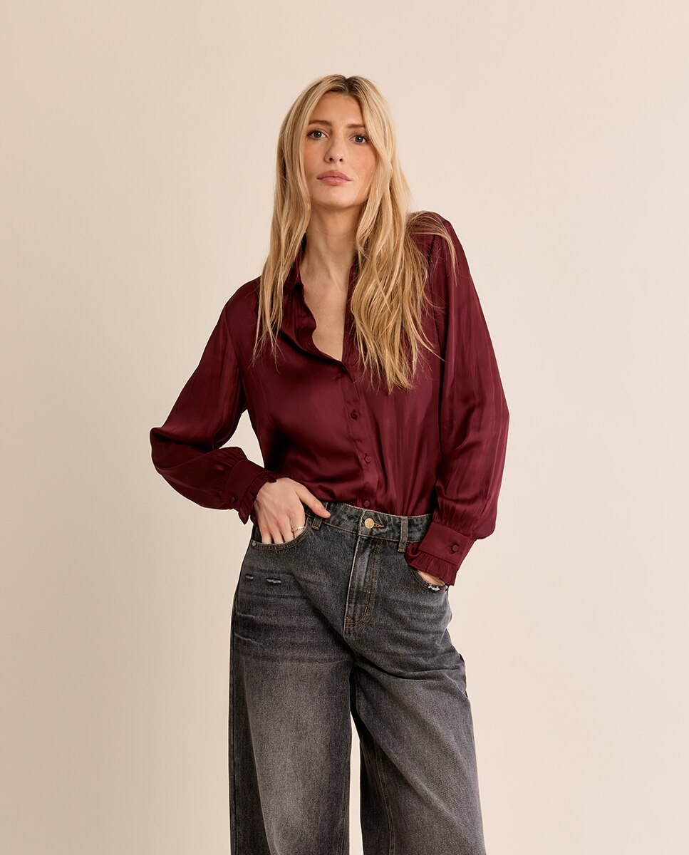 Camisa de mujer de manga larga satinada - Molly Bracken - Burdeos Burdeos-3