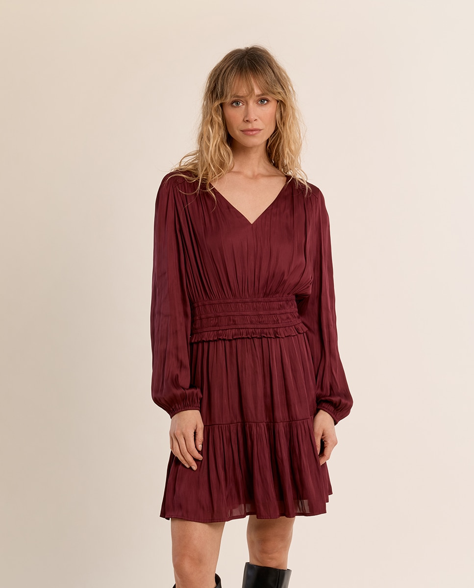 Vestido corto satinado con volantes - Molly Bracken - Burdeos Burdeos-2