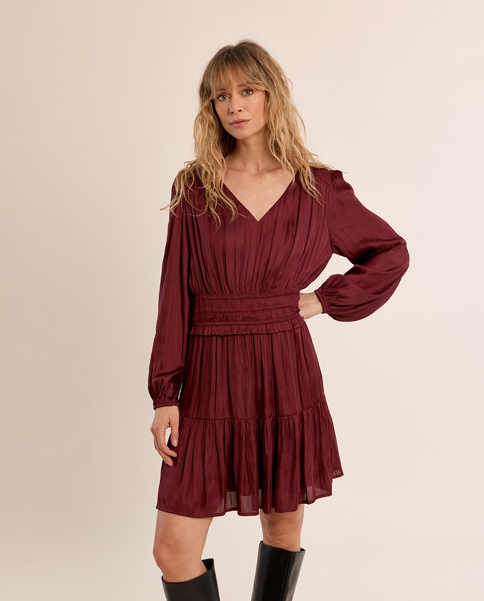 Vestido corto satinado con volantes - Molly Bracken - Burdeos Burdeos-3