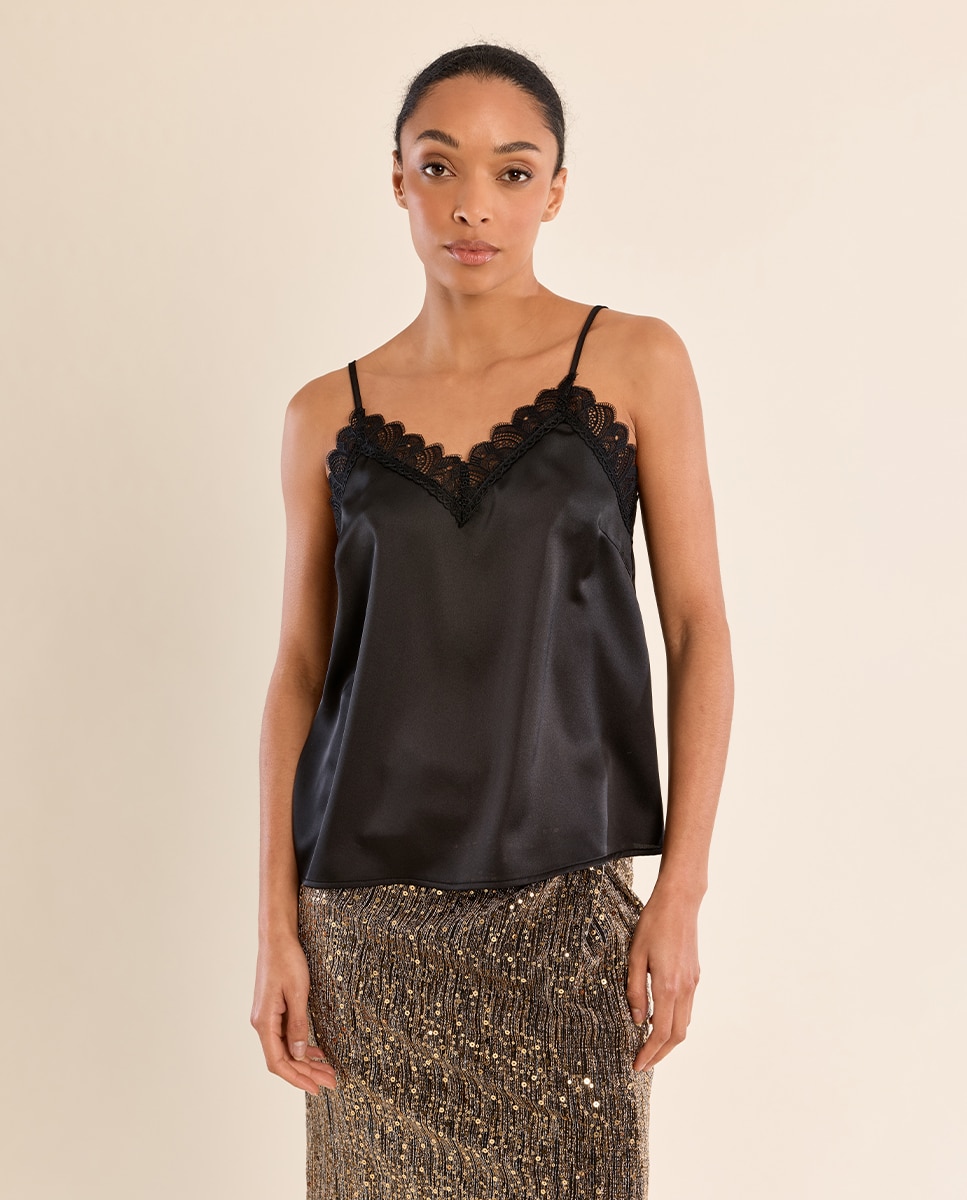 Top de mujer lencero detalle encaje - Molly Bracken - Negro Negro-3