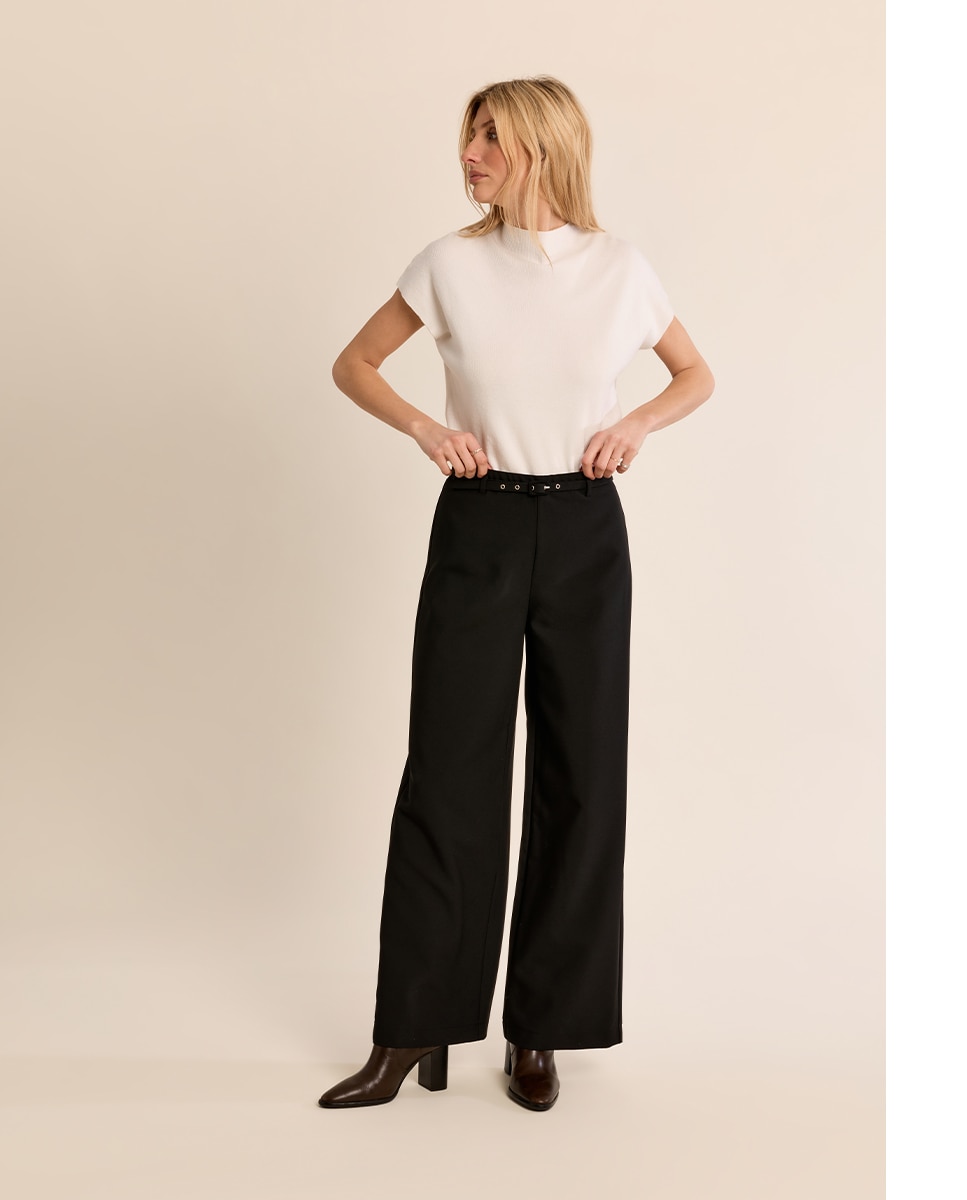 Pantalón de mujer largo detalle cinturón - Molly Bracken - Negro Negro-3