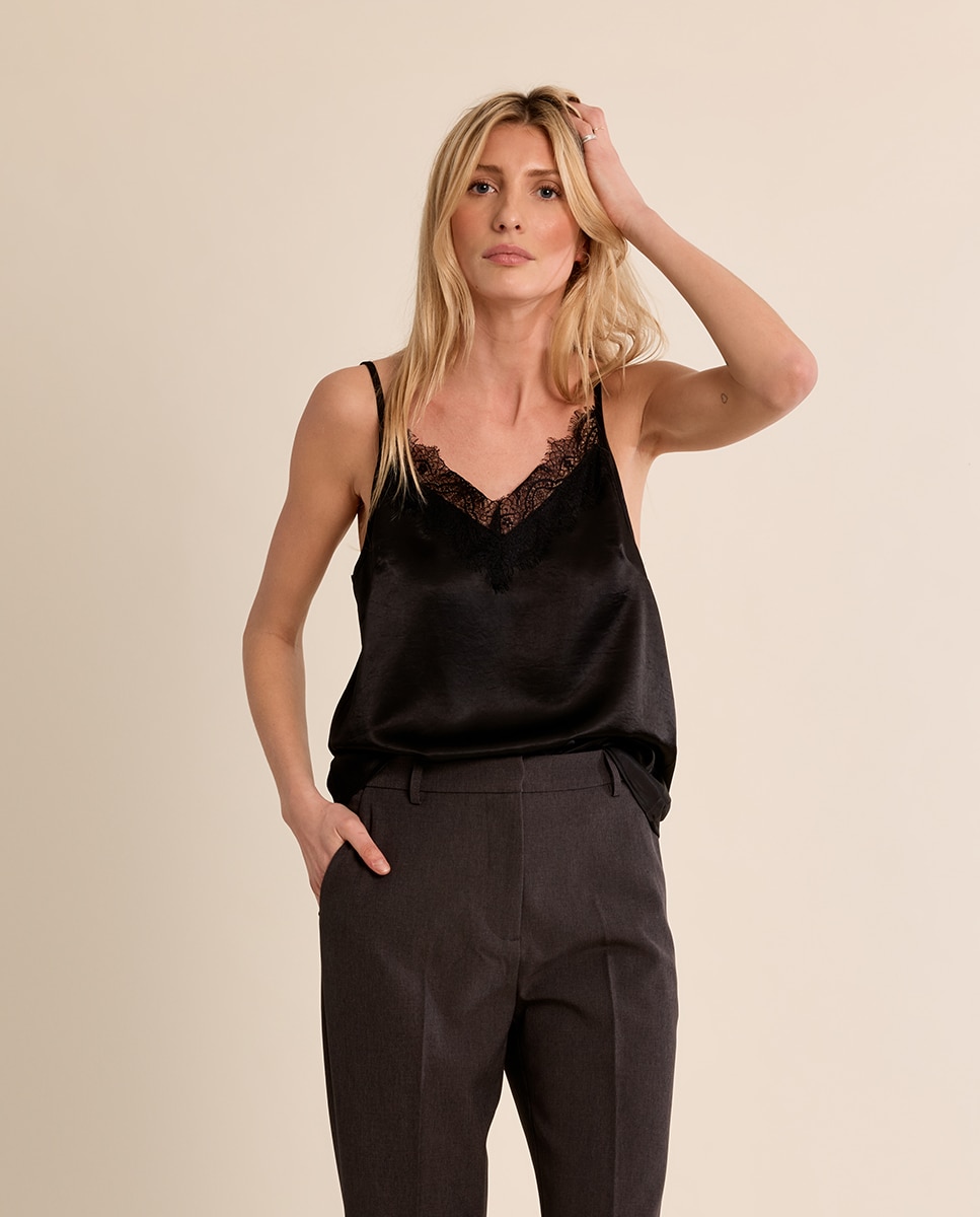 Top de mujer lencero detalle encaje - Molly Bracken - Negro Negro-3