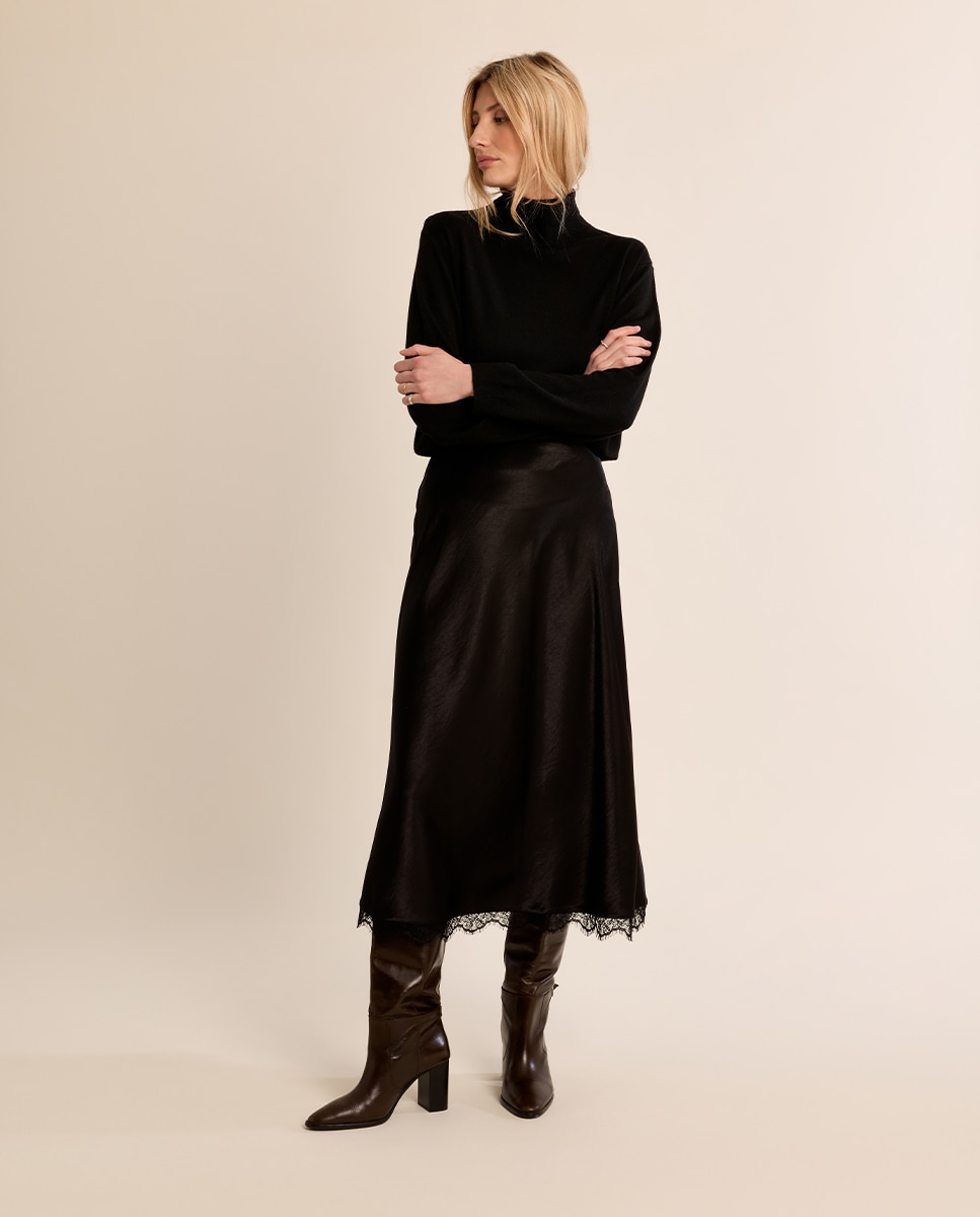 Falda larga satinada con encaje - Molly Bracken - Negro Negro-1