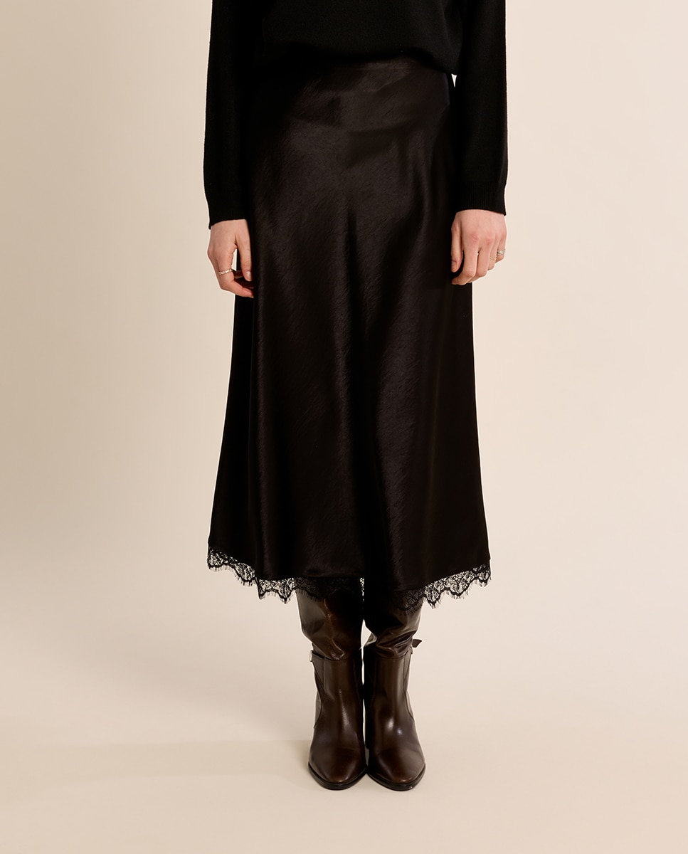 Falda larga satinada con encaje - Molly Bracken - Negro Negro-2
