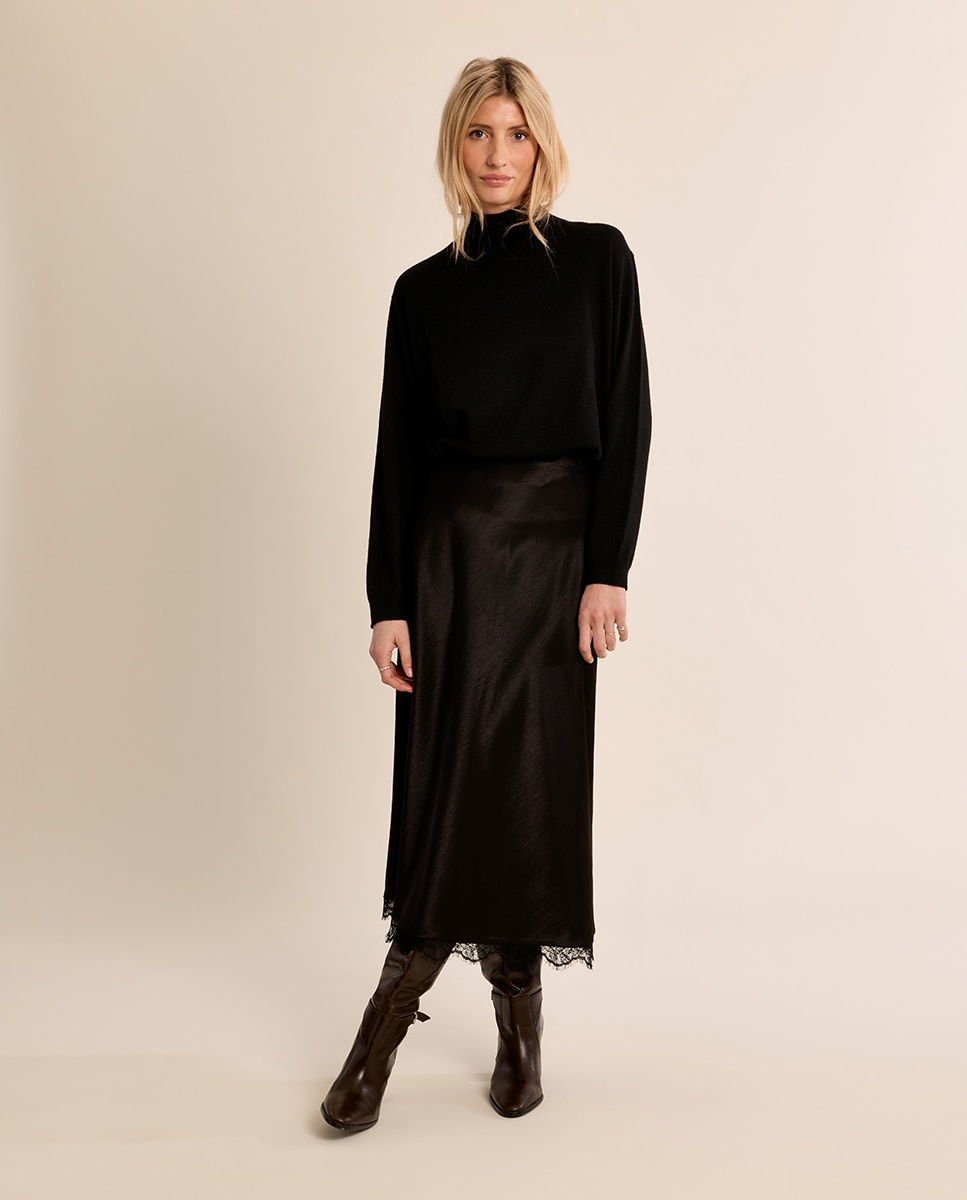 Falda larga satinada con encaje - Molly Bracken - Negro Negro-3