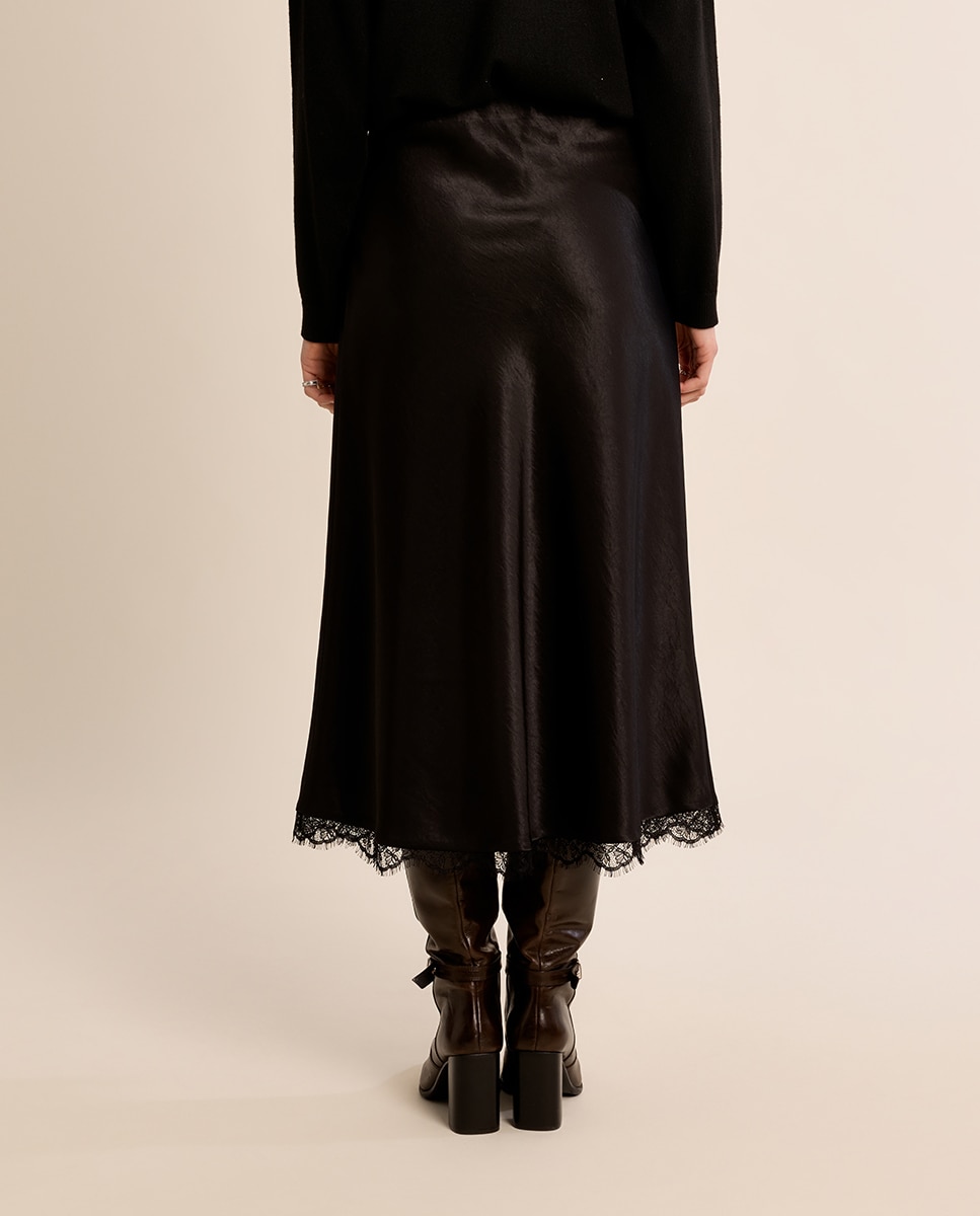 Falda larga satinada con encaje - Molly Bracken - Negro Negro-4