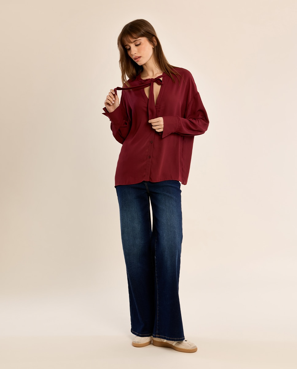 Imagen 0 de Camisa de mujer de manga larga con lazada Verde oscuro