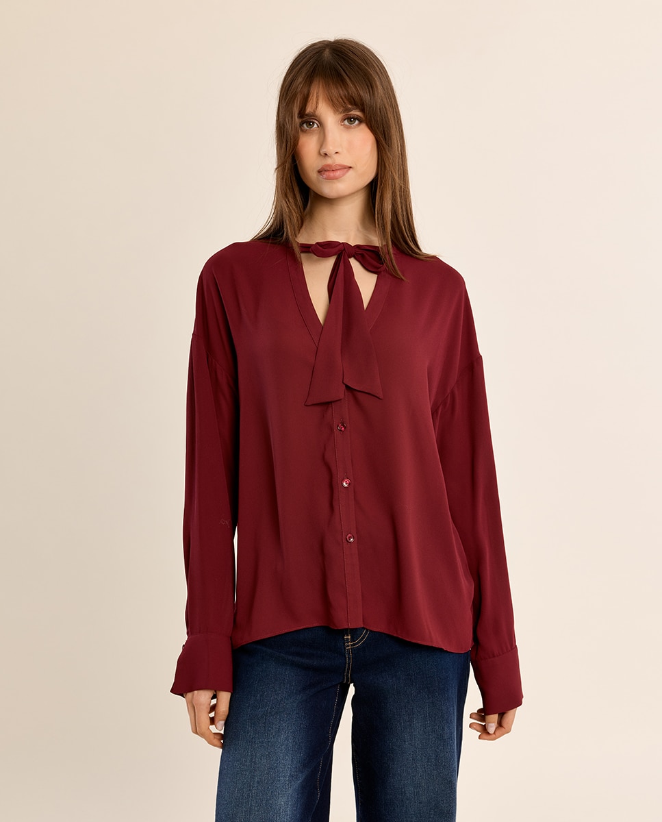Camisa de mujer de manga larga con lazada - Molly Bracken - Burdeos Burdeos-2