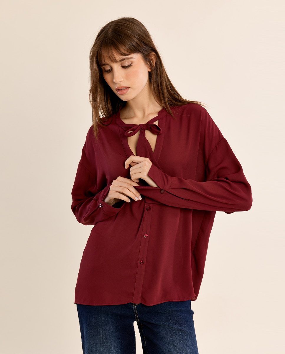 Camisa de mujer de manga larga con lazada - Molly Bracken - Burdeos Burdeos-3