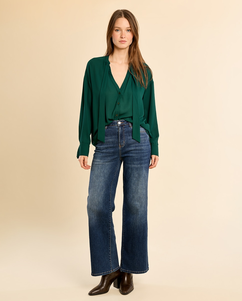 Camisa de mujer de manga larga con lazada - Molly Bracken - Verde oscuro Verde oscuro-1