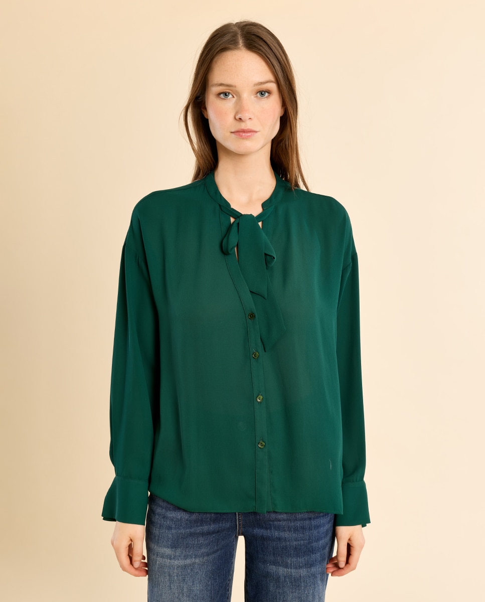 Camisa de mujer de manga larga con lazada - Molly Bracken - Verde oscuro Verde oscuro-2