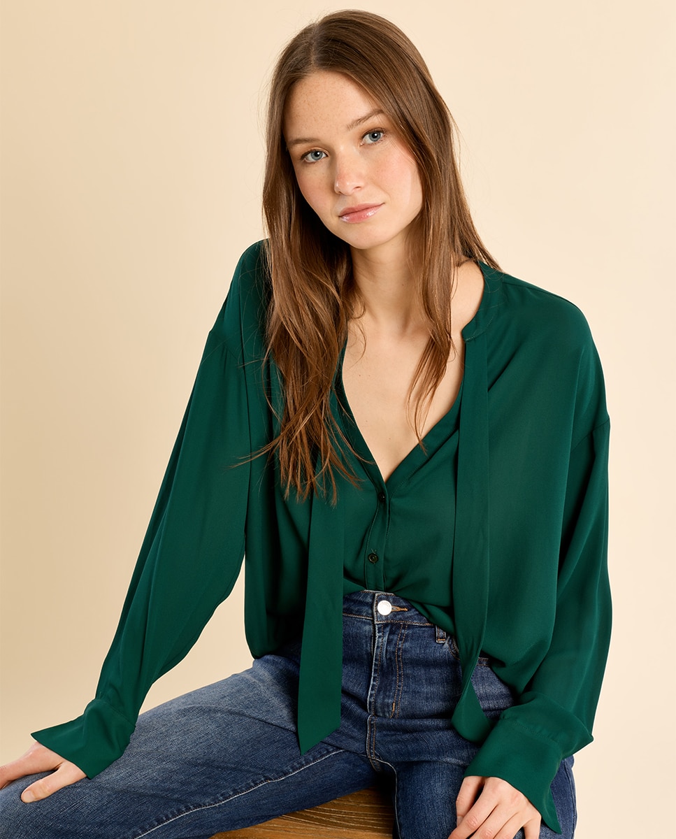 Camisa de mujer de manga larga con lazada - Molly Bracken - Verde oscuro Verde oscuro-3