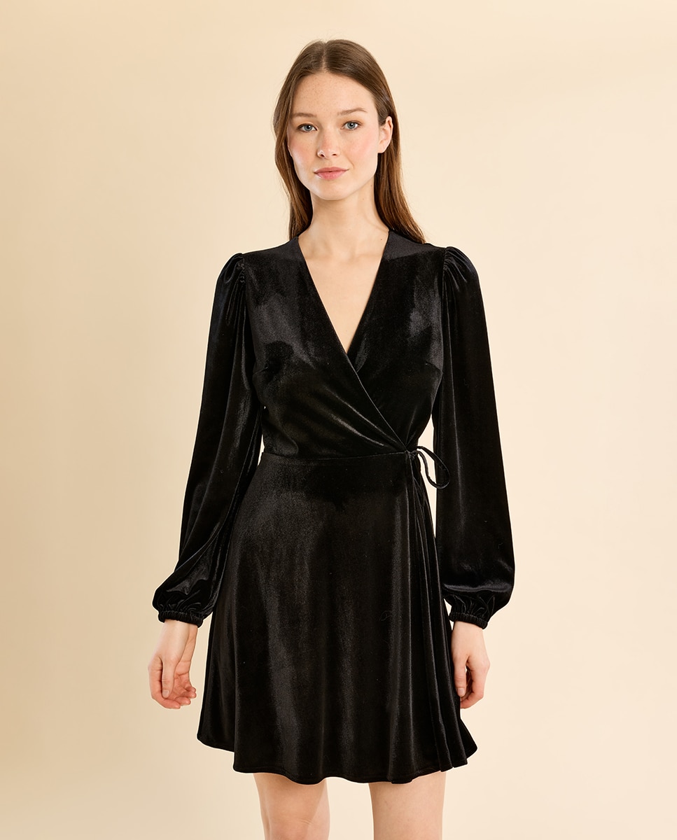 Vestido corto de manga larga aterciopelado - Molly Bracken - Negro Negro-2