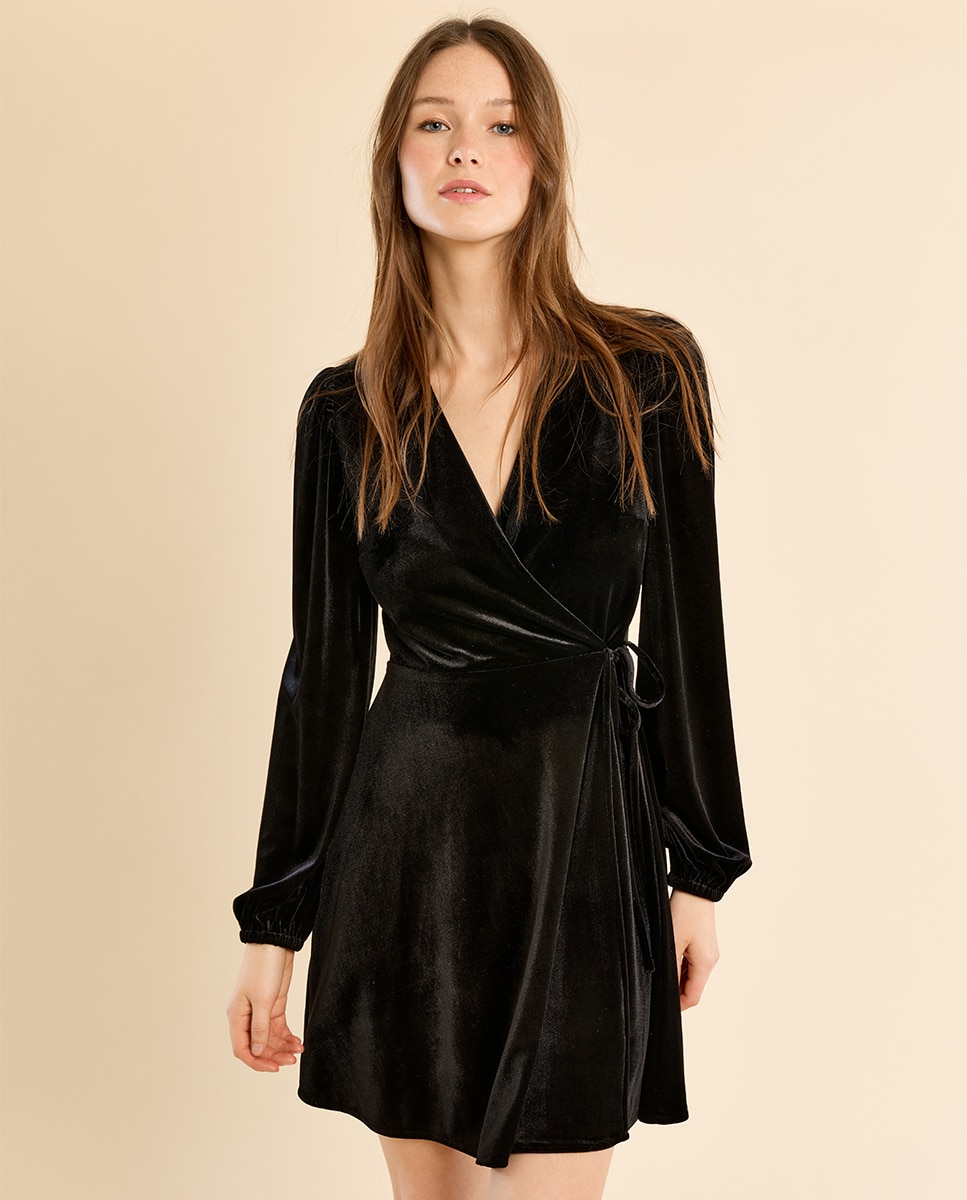 Vestido corto de manga larga aterciopelado - Molly Bracken - Negro Negro-3